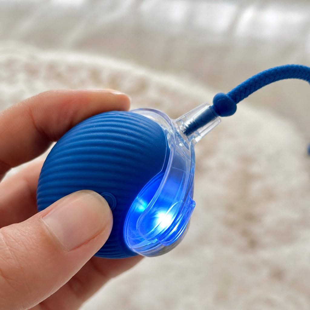 A thumb pressing the button on the side of the blue ball