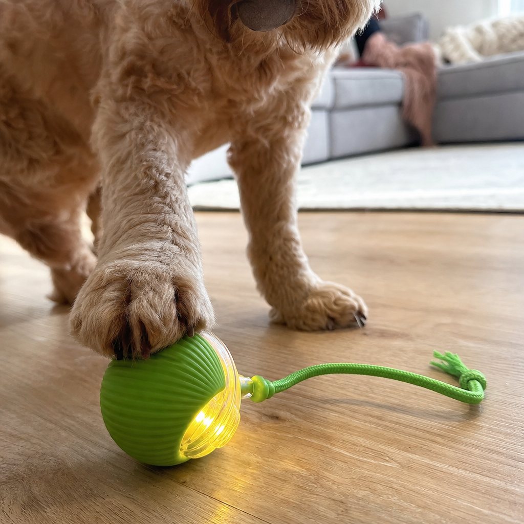 A dog's paw touching the green ball, its yellow light glowing