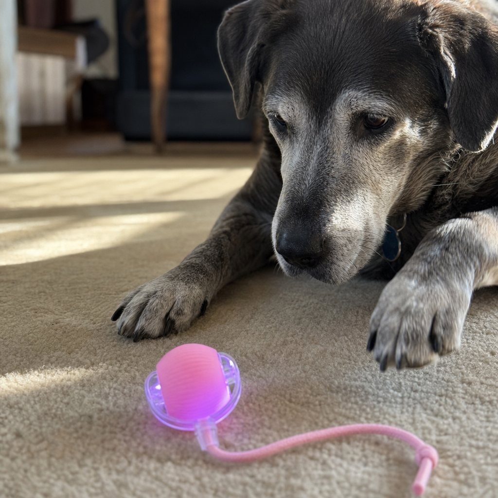 An older dog watching the pink ball roll slowly with its purple light on