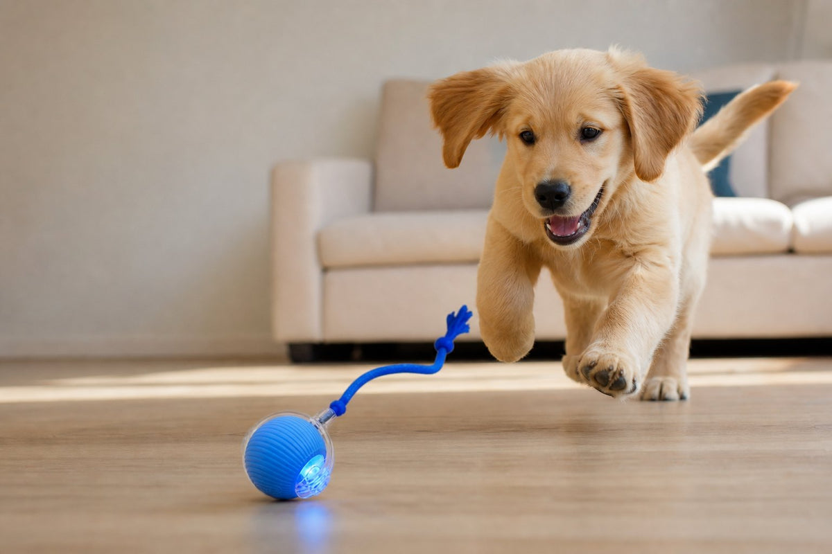 A golden retriever puppy chasing the blue Roll n Chase ball across a living room