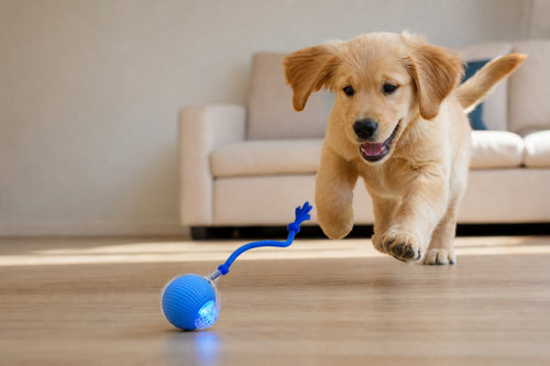 A golden retriever puppy chasing the blue Roll n Chase ball across a living room