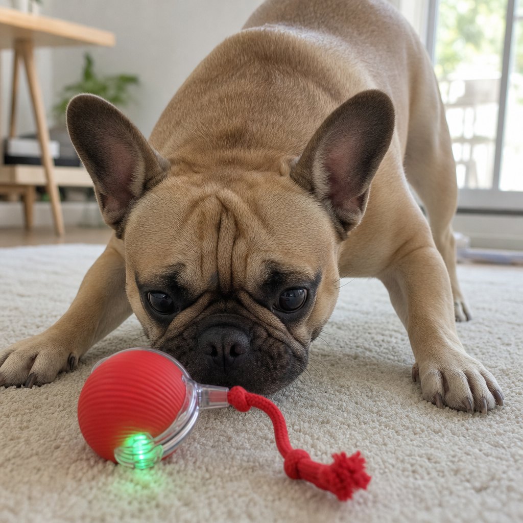 A French bulldog about to pounce on the red ball