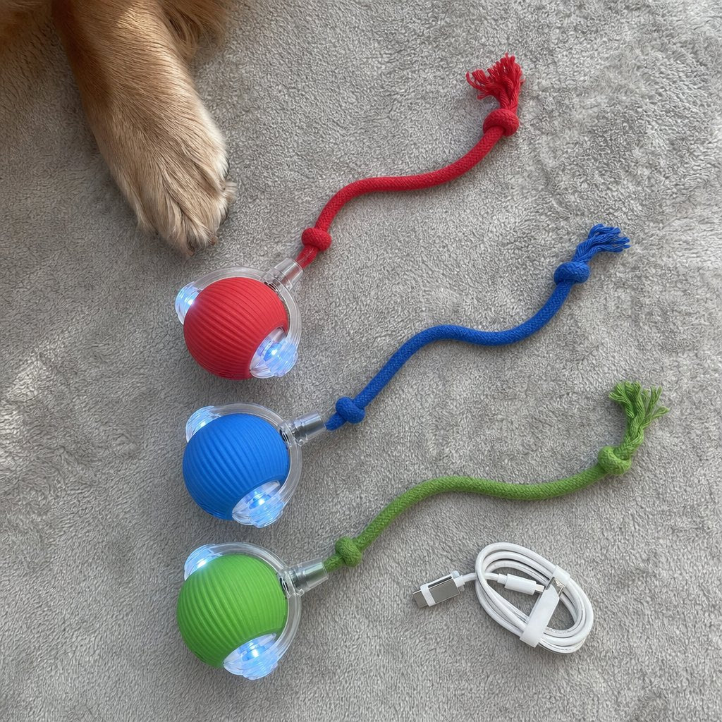 Red, blue and green balls with a charging cable