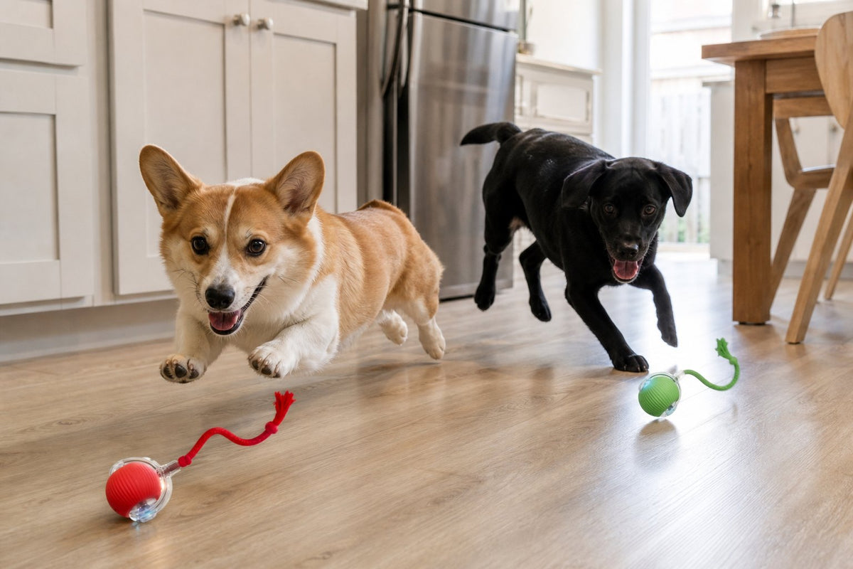 A corgi and a black lab each chasing their own ball