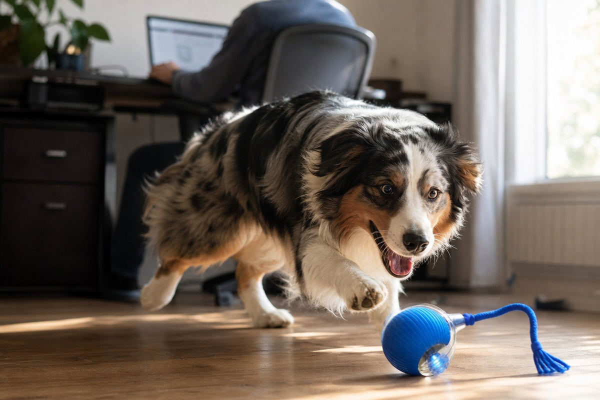 An Australian shepherd chasing the ball while its owner works