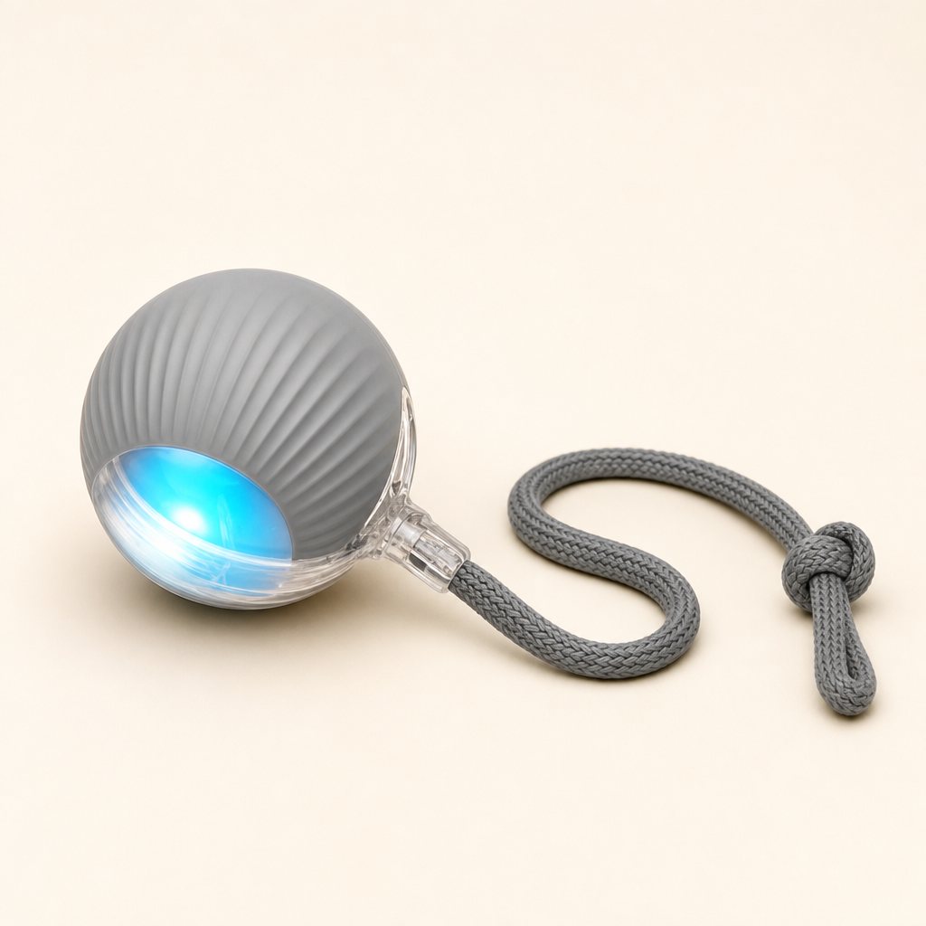 The gray Roll n Chase ball with its rope tail