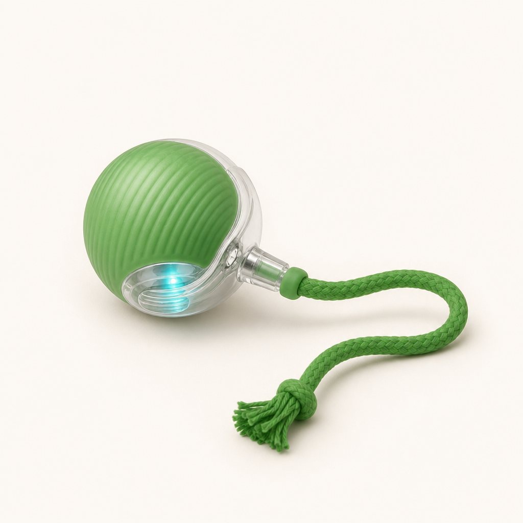 The green Roll n Chase ball with its rope tail