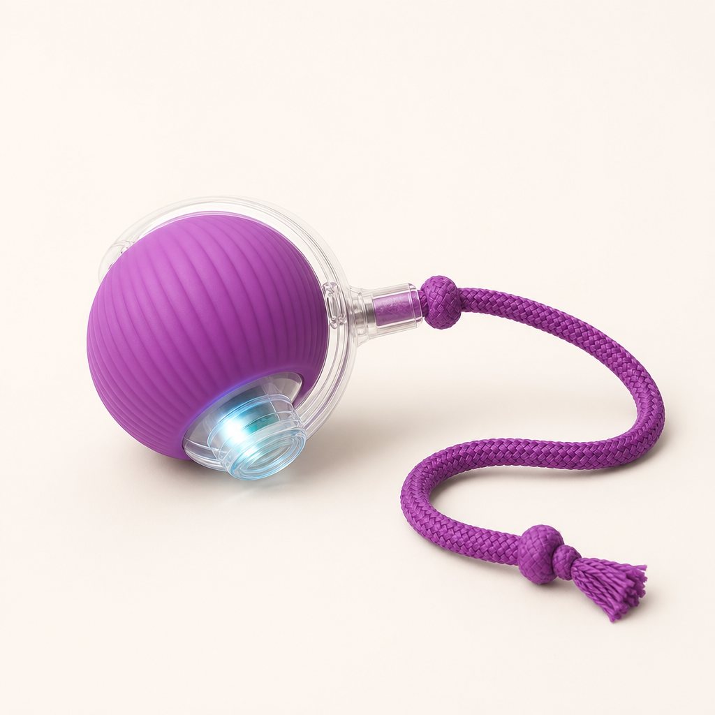 The purple Roll n Chase ball with its rope tail
