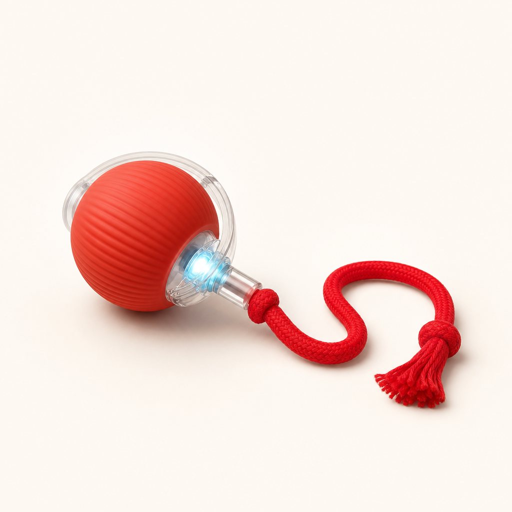 The red Roll n Chase ball with its rope tail