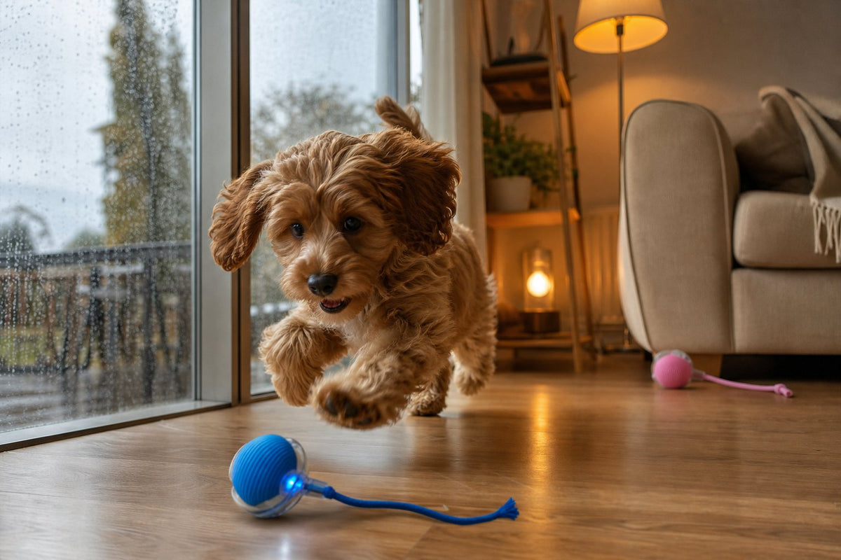 A puppy chasing the blue ball indoors on a rainy day
