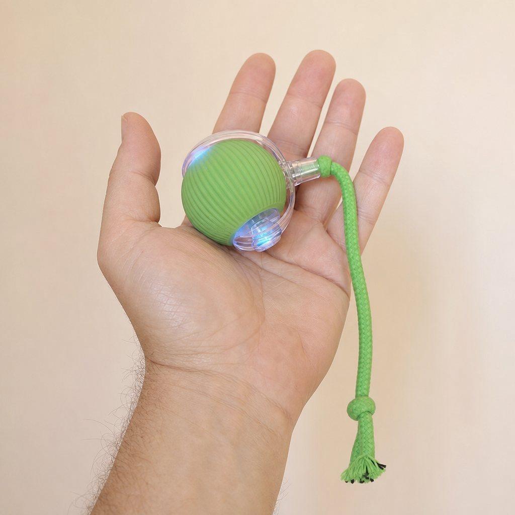 The ball fits in the palm of a hand, about the size of a tennis ball