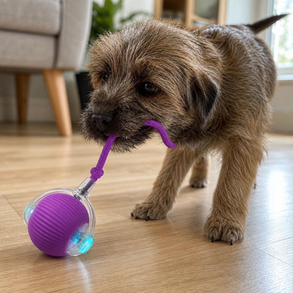 A terrier puppy tugging the rope tail of the ball