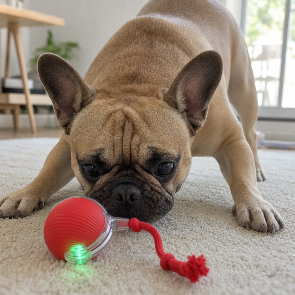 A French bulldog about to pounce on the red ball