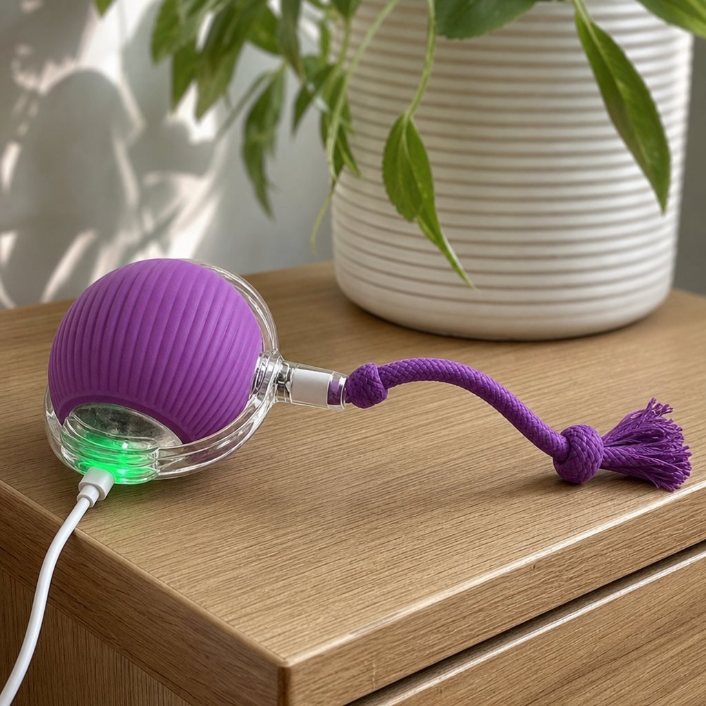 The purple ball charging from a USB-C cable, its green light showing it's full