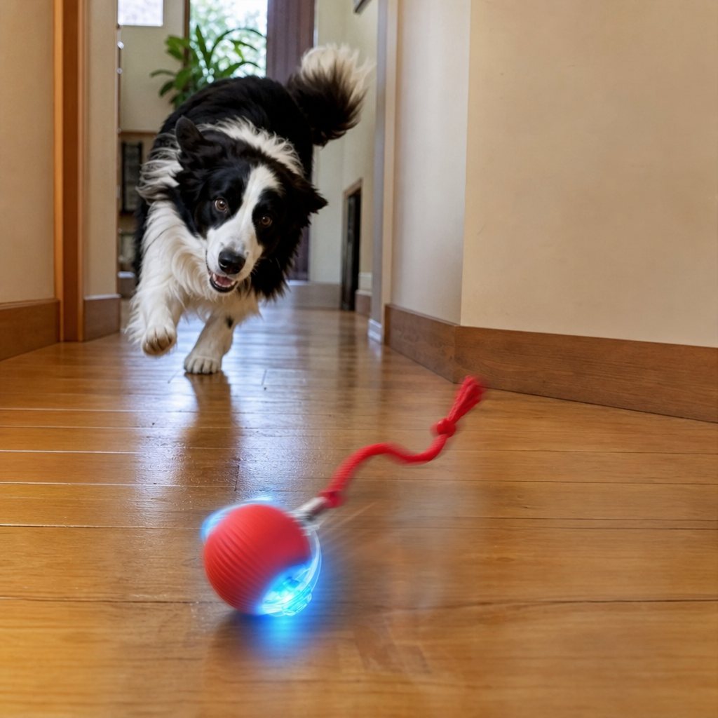A border collie sprinting after the red ball, its blue light on