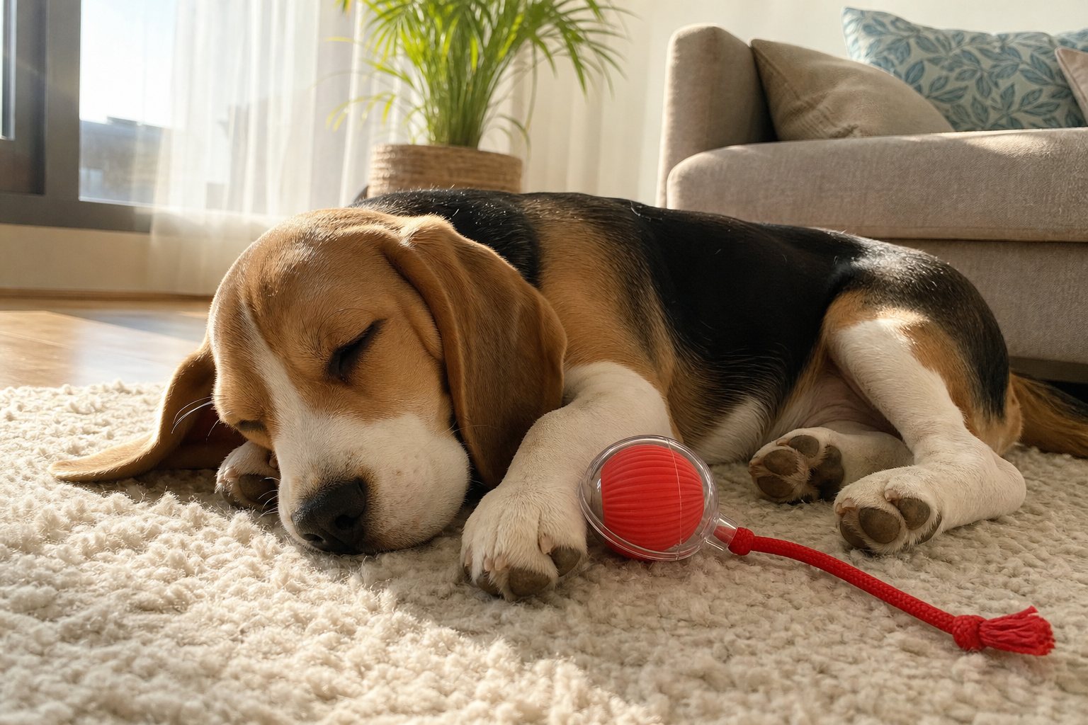 A beagle napping next to the red ball after playtime