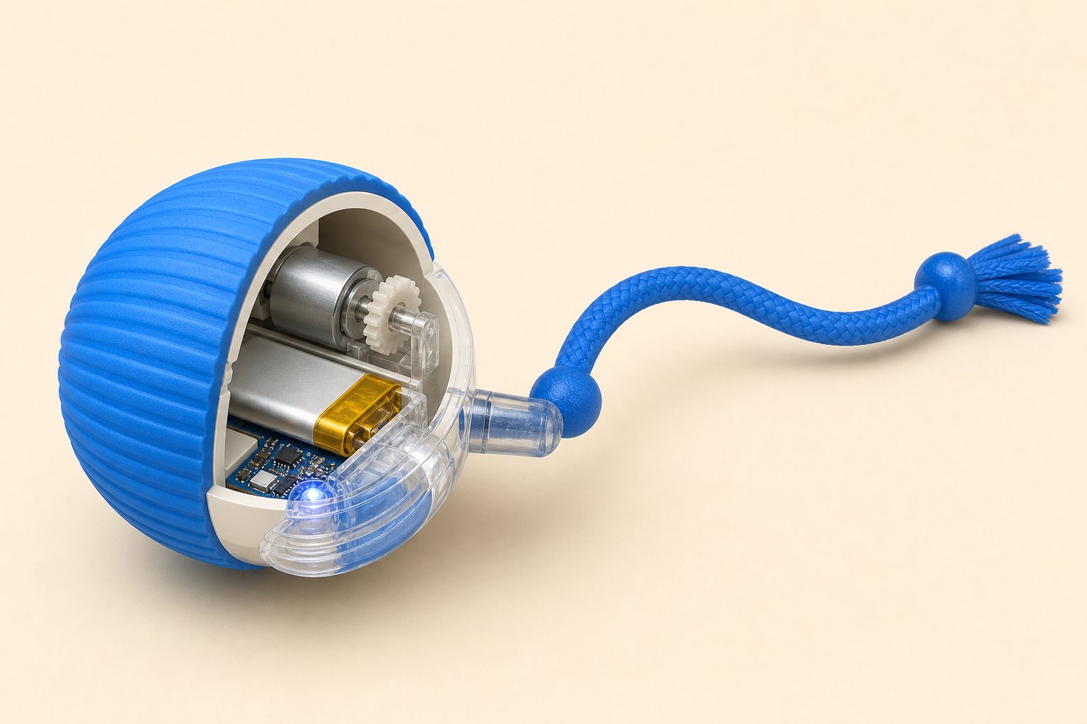 Cutaway illustration of the ball showing the silicone layer, ABS shell, motor, battery, board, light and rope tail